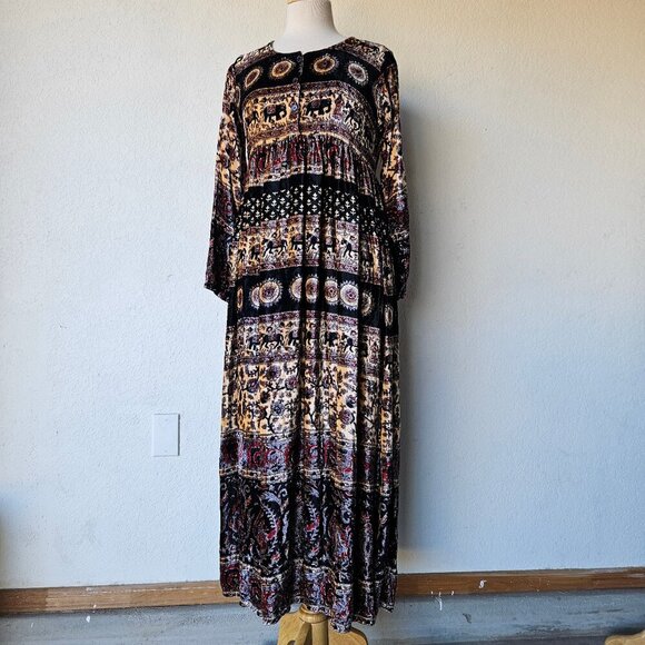 Vintage 70s 80s Velour Bohemian Elephant Stripe Paisley Hippie Maxi Dress India - Picture 1 of 10